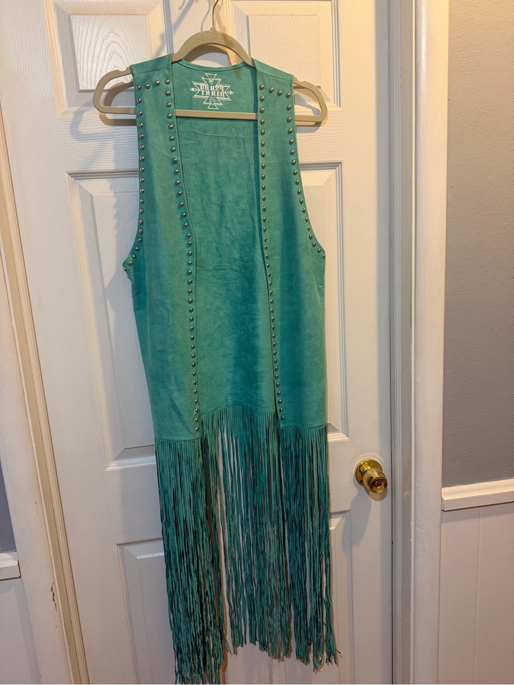 Fringe Vest Crazy Train OS Turquoise Sleeveless Silver Stud Embellishing NWT
